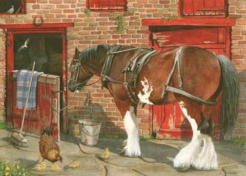 Clydesdale horse at stable door painting by Tracy Hall