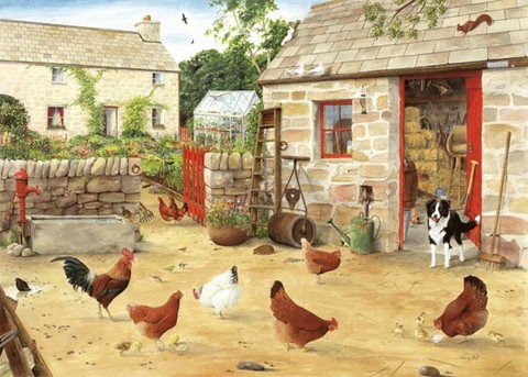 happy hens in farmyard watercolour painting by tracy hall