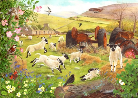 lambs in field painting